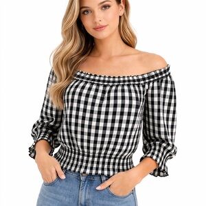 Tanya Taylor Black & White Gingham Off Shoulder Smocked Top XS Fits Size Small